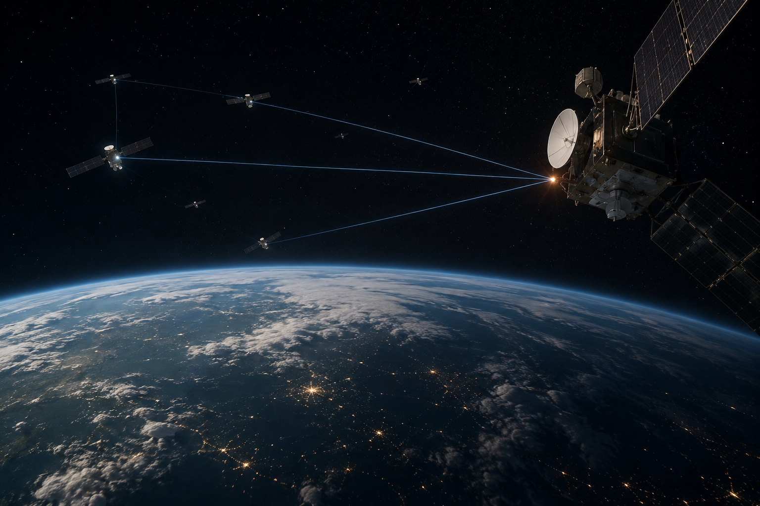 Satellite mesh networked to a sovereign ground station above Earth at night